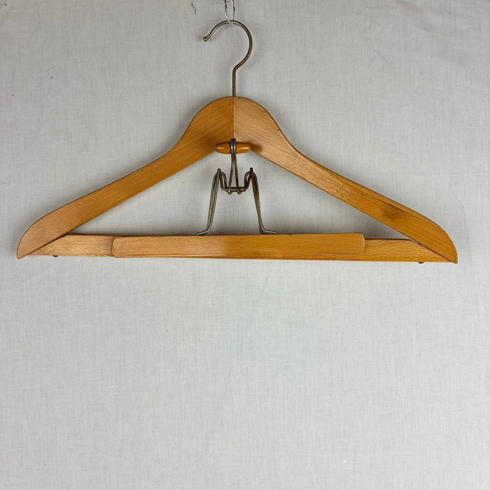 Vintage Wooden Suit Hanger with Spring Tension Trouser Bar Honey Brown Wood
